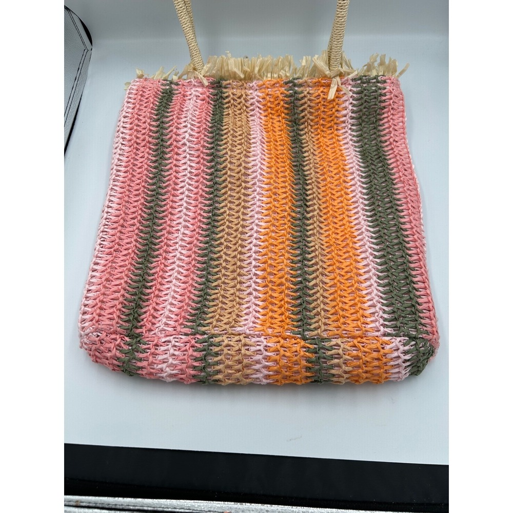 Bay Sky Pink Orange Striped Woven Straw Tote Bag Fringe Beach Shoulder Bag O/S